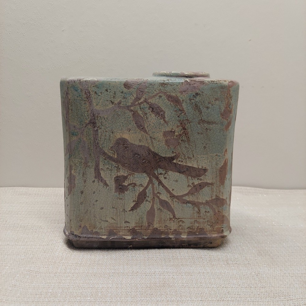 Uttermost Bird on Branch Ceramic Vase Rectangular Teal Brown Crackle Glaze 10in