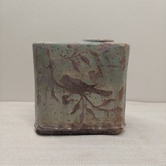 Uttermost Bird on Branch Ceramic Vase Rectangular Teal Brown Crackle Glaze 10in