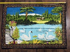 Vintage Turkish Tapestry Swans Italian Pond Scene Colorful Wall Hanging