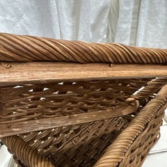 Hand Woven Wicker Rattan Storage Basket Lid Handle Holes Bin Box Organizer VTG