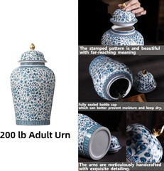 Blue Flowers Urn Adult Ashes – 11.6 Inches 200 Lb Ceramics Decorative Memorial L