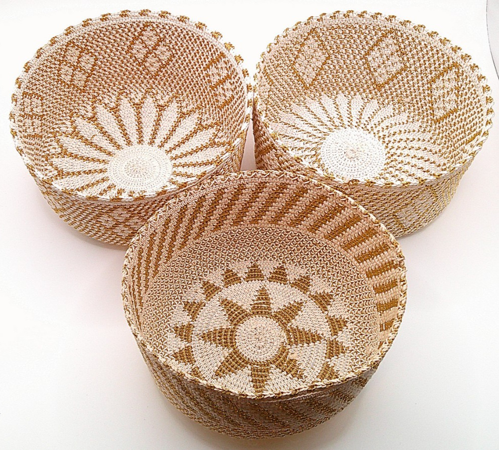 Handwoven Gold and Cream Thread Open Baskets Floral and Geometric Set of 3