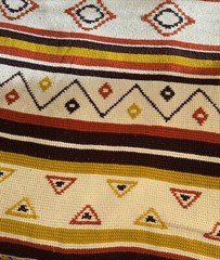 VTG Aztec Southwest Afghan Blanket Knitted Tan Beige Reversible Woven 78 X 56”