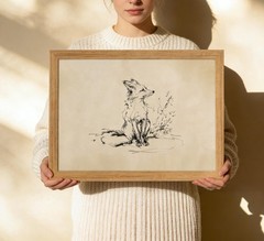 Vintage Solid Wood Framed Fox Sketch Wall Art, Neutral Fox Line Drawing Canva…