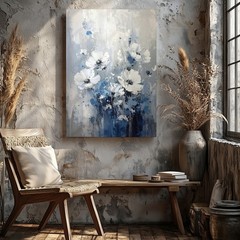 Canvas Textured Monochrome Blues Grays Predominantly Monochromatic Wall Art