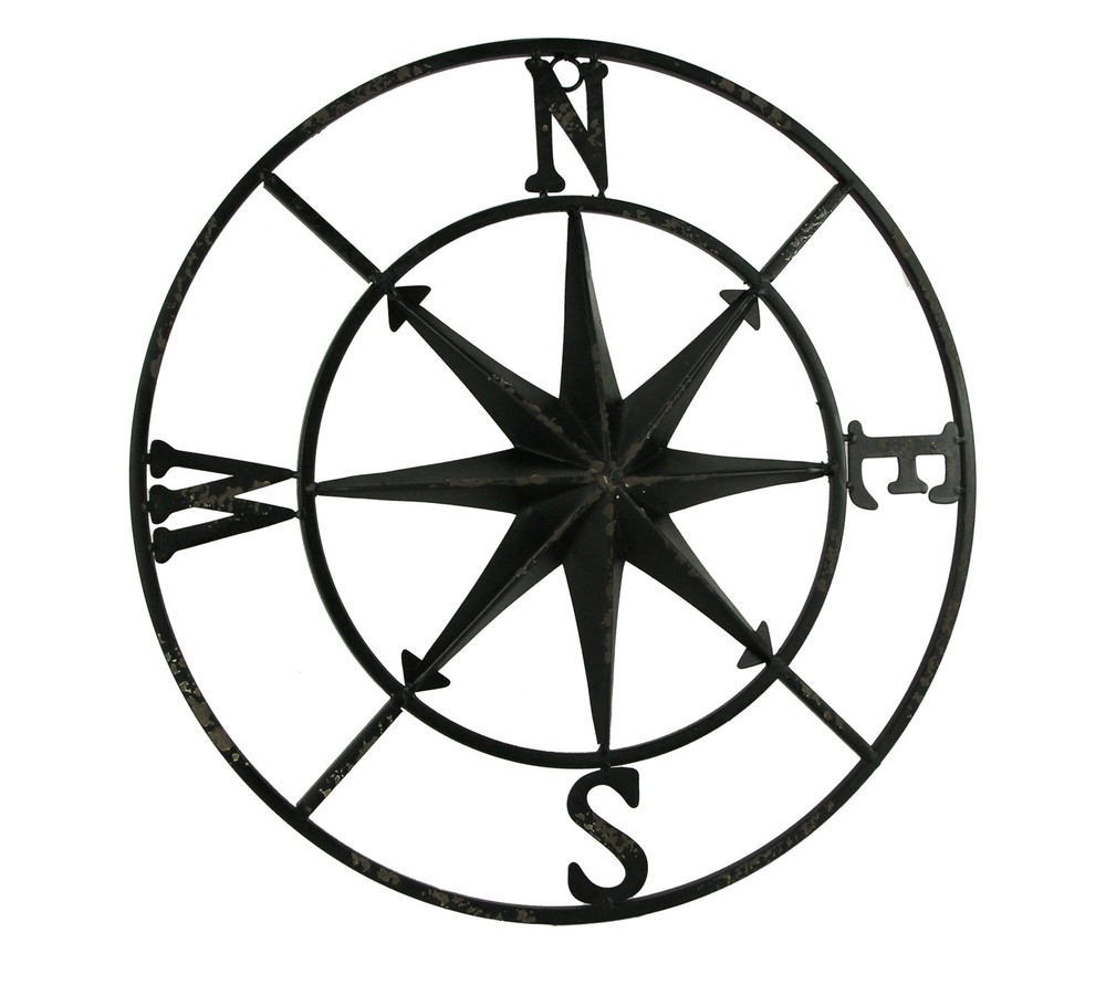 Scratch & Dent Distressed Metal Compass Rose Indoor Outdoor Wall Hanging – Black