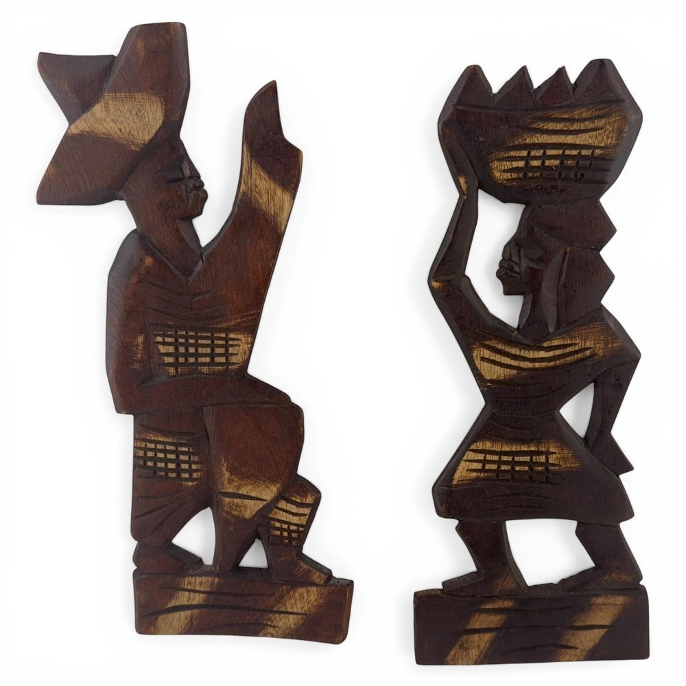 Carved Wood African Tribal Medium Wall Figures Sculptures Set 2 Brown Decor