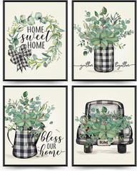 Spring Decor Wall Art Prints,Eucalyptus Leaves Sweet Home Buffalo Plaid Truck Ho