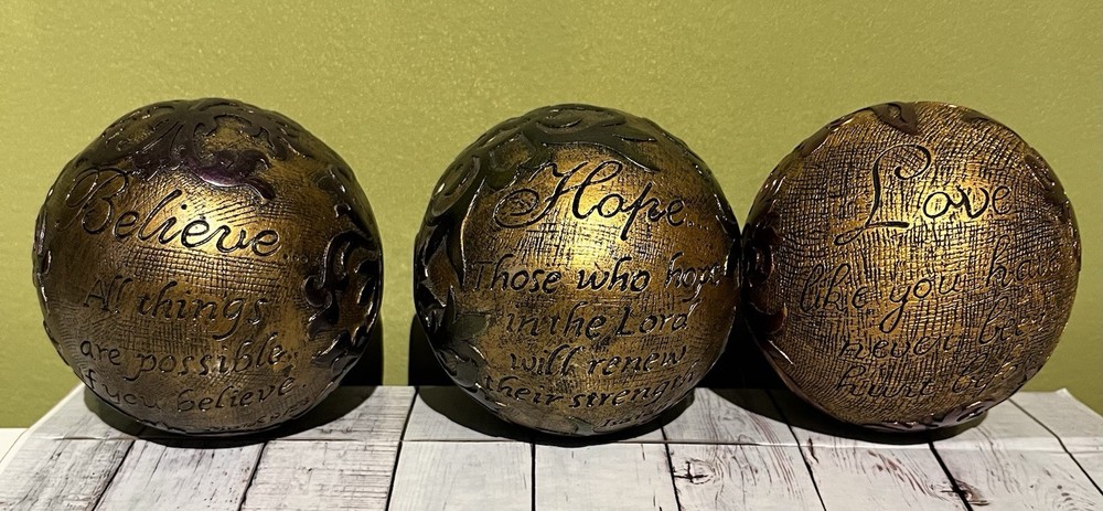 Believe Hope Love Decorative Ball Spheres Decor Gold Ornate Small Set Of 3