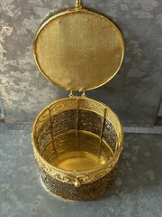 Boho Beaded Trinket Box Gold Brass Tone Metal Storage Bin Lidded