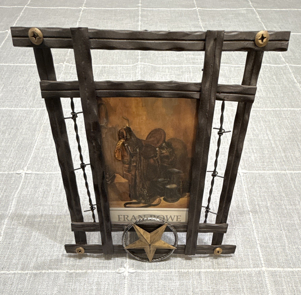Black Metal Western Barbed Wire & Star Photo Frame, Freestanding 3.5×5