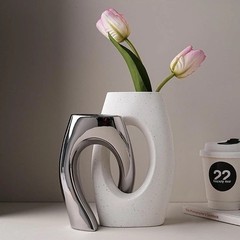 Modern Nordic 2-piece Ceramic White & Silver Irregular CrossTube Decorative Vase