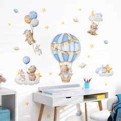 Blue Hot Air Balloon Wall Stickers Cartoon Bear Rabbit Stars Planets Wall Dec…