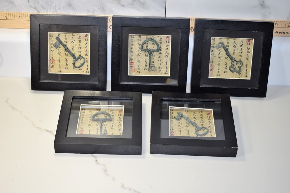 Lot of 5 Vintage Framed Iron Keys in wood Shadow Boxes (5in X 5in)