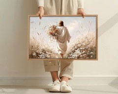 Jesus Walking in Wildflower Field Canvas – Christian Wall Art – Faith Gift