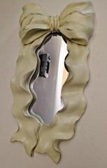 VTG Italian Gesso Ribbon Bow Mirror Italian Hollywood Regency Cream Distressed