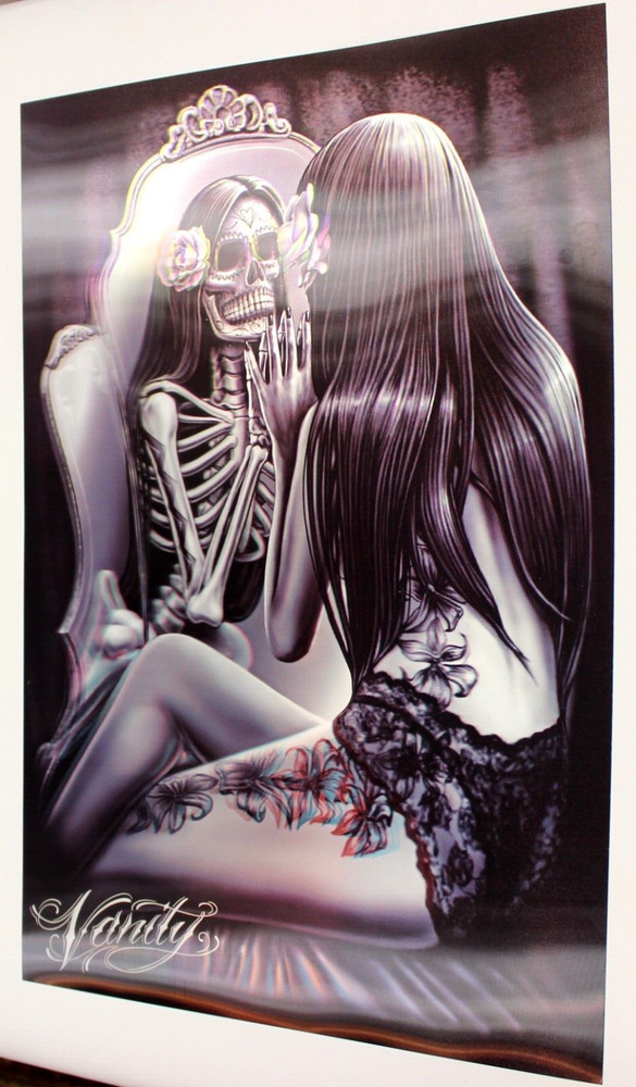 Vanity Lenticular 3D Picture Poster Girl In Mirror Skull Art