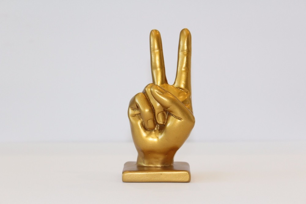 Peace Sign hand symbol sculpture Gold