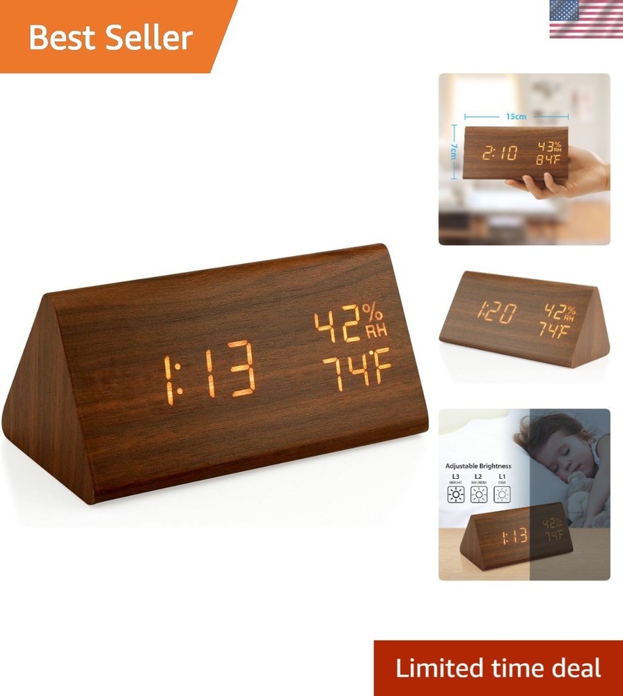 Compact Triangular LED Alarm Clock with Time, Temperature, and Humidity Readout