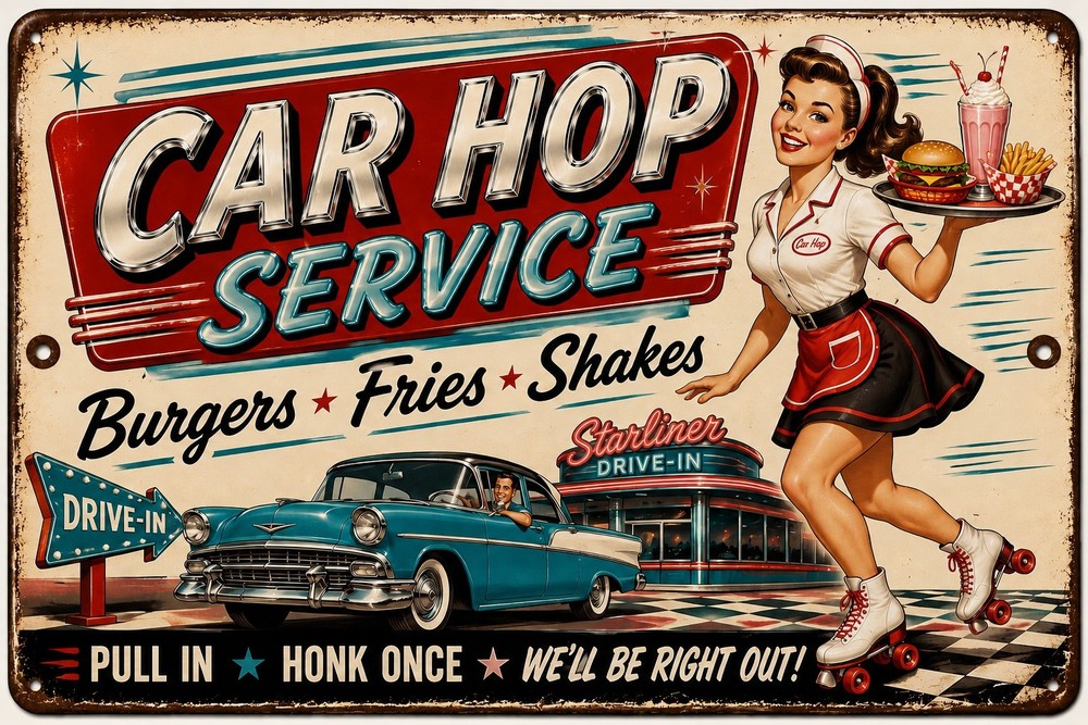 1950s Car Hop Service Metal Tin Sign Drive-In Diner Burgers Fries Shakes 8×12