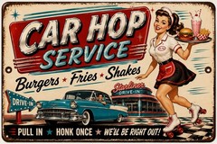 1950s Car Hop Service Metal Tin Sign Drive-In Diner Burgers Fries Shakes 8×12
