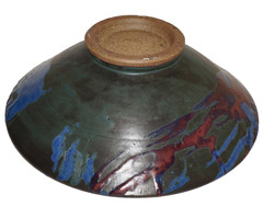 Vintage ARTISAN CRAFTED Green, Red, & Blue Glazed Pottery Gallery Bowl 12.5 USA