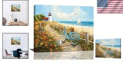 Vibrant Coastal Wall Decor: Framed Beach Bicycle and Lighthouse Canvas, 20”x16”