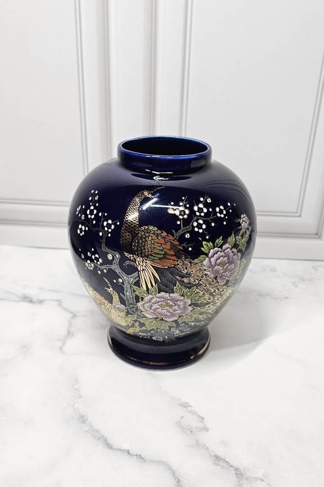 Vintage Japanese Cobalt Blue Vase With Peacock & Floral Design 6 Inches High