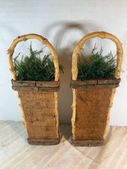 Rustic Birch Bark Twig Wood Basket Planters Set If 2 Woodland Cabin Decor 9”T