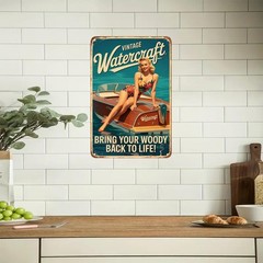Vintage Tin Metal Sign Pinup Girl on Classic Boat Watercraft Retro 8×12