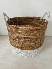 Large Natural & White Colorblock Handled Basket 16inch Storage Decor Laundry