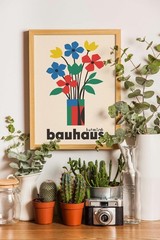 Bauhaus Botanical Flower Poster, Minimal Colorful Retro Wall Art Print