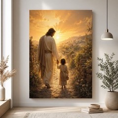 Jesus Walking With Child Canvas Wall Art Christian Religious Print Faith Home