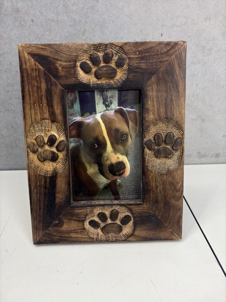 Rustic Wood Carved Paw Print Pet Dog Cat Picture Frame 9.5″ x 7.5″ Made in India