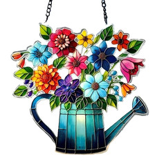 Spring Summer Flowers in Watering Can Garden Acrylic Sun Catcher Window Hanging