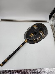 Vintage Harlequin Paper Mache Handle Mask Black with Gold Accents