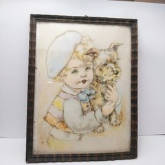 Antique 1909 Illust. & Picture Frame Girl With Her Puppy Unique Letter On Back