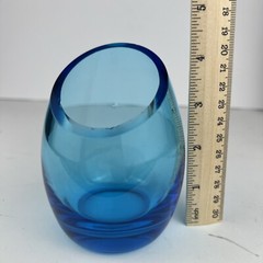 Blenko Viking Mid Century Modern Offset Orb Art Optic Blue Glass Bud Vase MCM