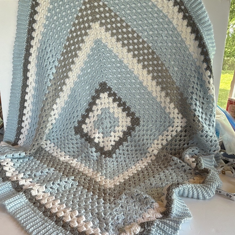Handmade Crocheted Geometric Throw Blanket, Textured Blue White Gray