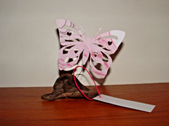 Heart Butterfly Paper Sculpture on Driftwood, Pink-Purple Shades, w/ Gift Tag
