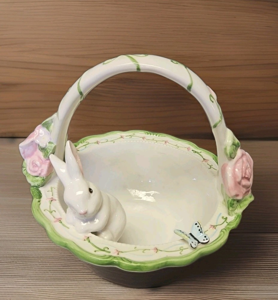 Springtime Ceramic Basket with Flowers, Butterfly & Bunny Figurine 9×10 EUC