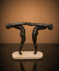 THEODORE ALEXANDER OPPOSING ART DECO ATHLETES CAST BRASS MARBLE SCULPTURE STATUE