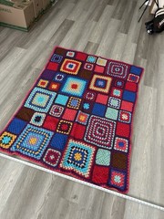 Vintage 48” x 62” Crochet Granny Square Colorful Afghan. 48 large squares
