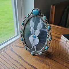 Photo Frame Silver Pewter Oval Faux Turquoise Open Work Standup Easel Rope SW