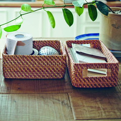 Stackable Rattan Rectangular Basket with Handle, 15 Cm Width X 22 Cm Depth X 9 C