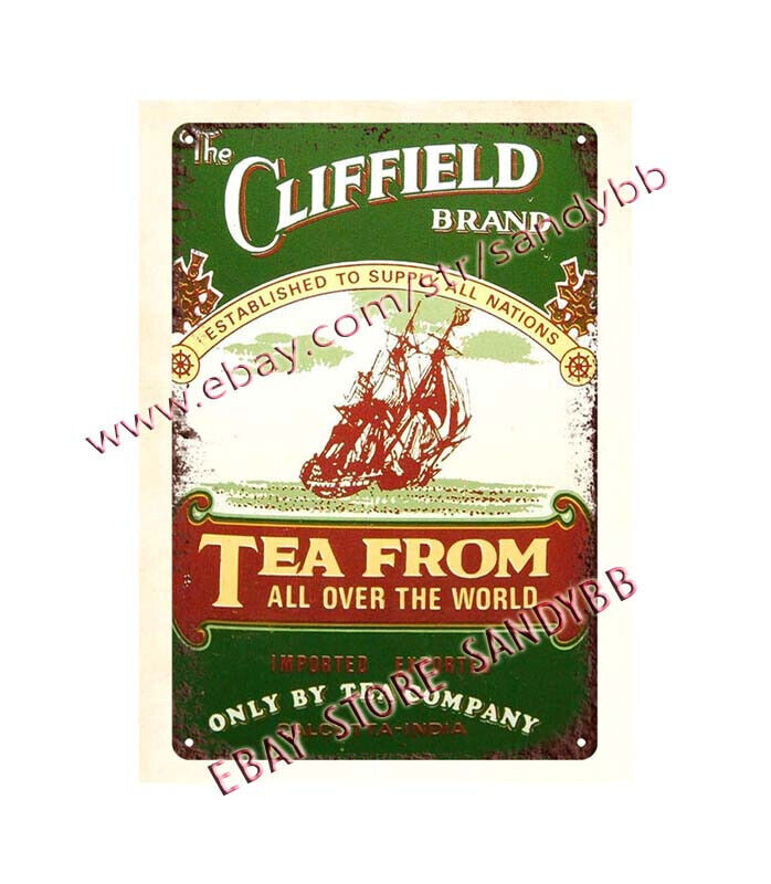 rectangular metal wall decor CLIFFIELD BRAND TEA ALL OVER WORLD metal tin sign