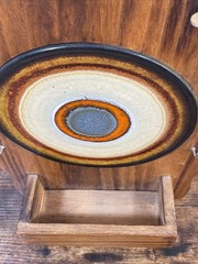 VTG MCM Wood Key Rack Fat Lava Bullseye Tile Ceramic Wall Mail Holder Organizer