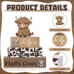 4 Pcs Highland Cow Table Decorations Cow Wooden Signs Rustic Tiered Tray Decor W