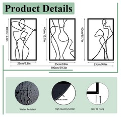 3 PCS Black Metal Woman Abstract Female Wall Art Hanging Decor 15.7×9.8 Inch