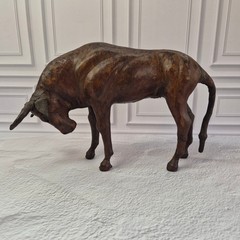 Vintage Handmade Leather Bull Sculpture Western Art Animal Figure 16″ Long